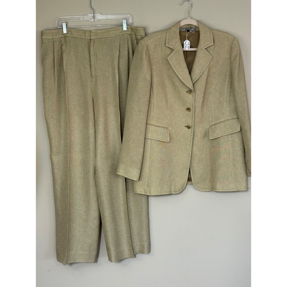 Ellen Tracy Womens 16 Tan Micro Houndstooth 2 Piece Pant Suit Blazer Trousers